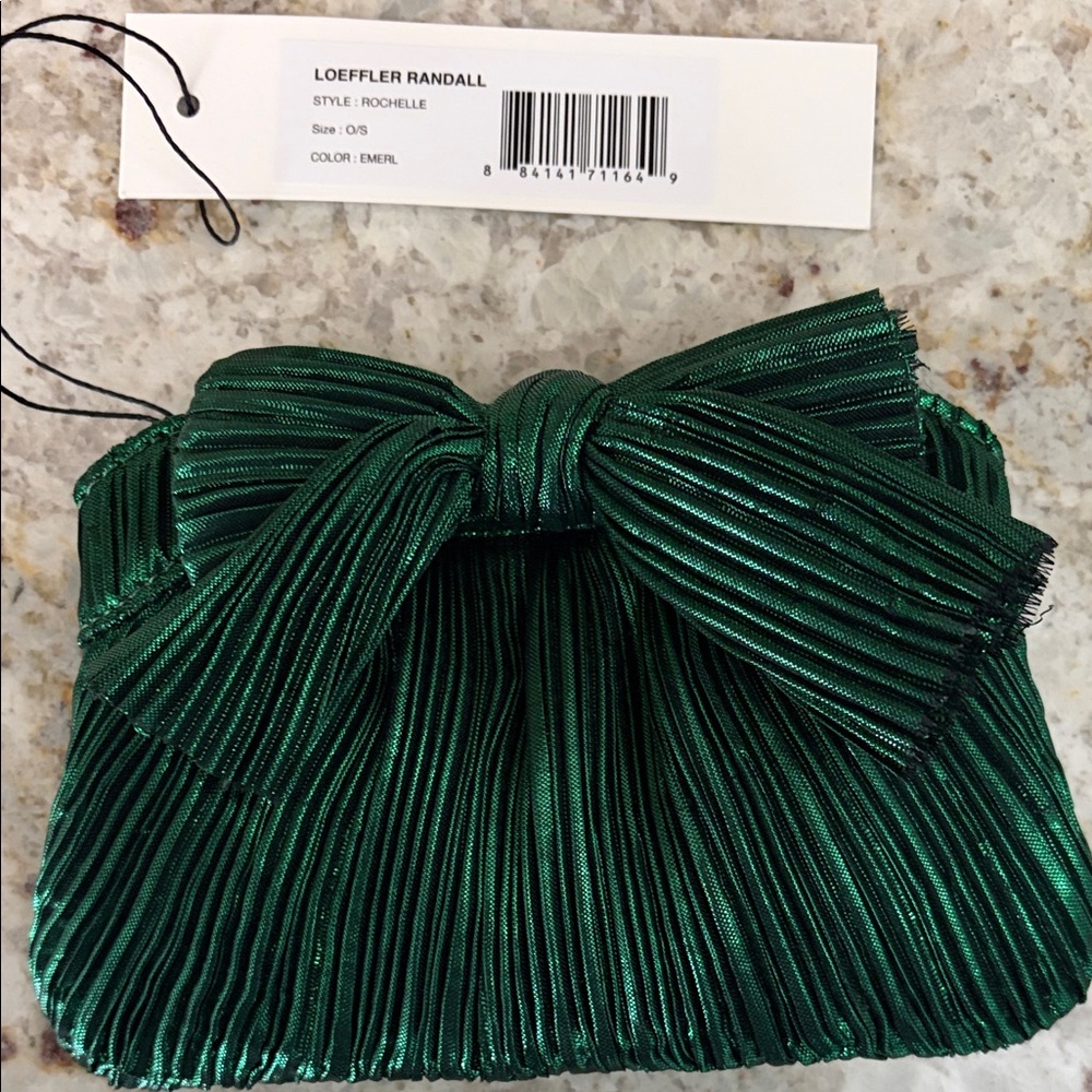 Loeffler Randall Emerald Green Pleated Bow Block Heel Sandals w/Matching Clutch - Picture 5 of 5